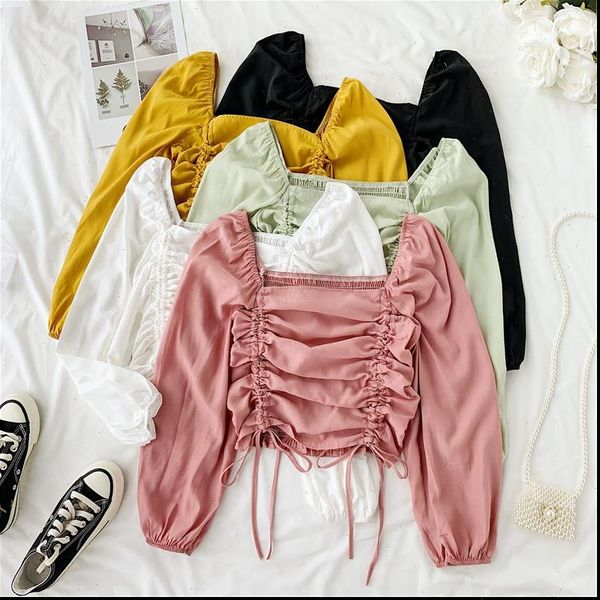women long sleeve square collar chiffon shirt lady thin rope solid color short crop h829, White
women long sleeve square collar chiffon shirt lady thin rope solid color short crop h829, White
