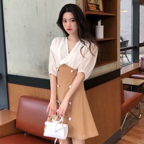 2021 Women Mini Dress V-neck Patchwork Lantern Sleeve A-line Dress Summer Female Double Breasted Elegant Korean Vestido, Black;gray
2021 Women Mini Dress V-neck Patchwork Lantern Sleeve A-line Dress Summer Female Double Breasted Elegant Korean Vestido, Black;gray