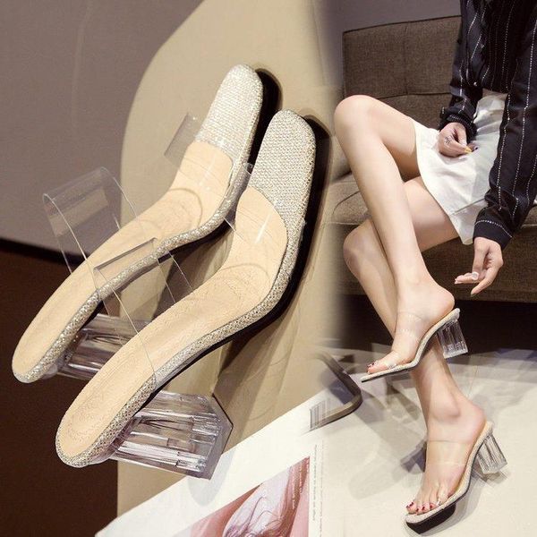 female 2021 drag high-heeled transparent crystal sandals and slippers, Black