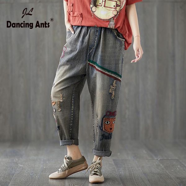 women's jeans women embroidery oversized harem pants loose high waist ankle-length woman denim cartoon print trousers, Blue
women's jeans women embroidery oversized harem pants loose high waist ankle-length woman denim cartoon print trousers, Blue