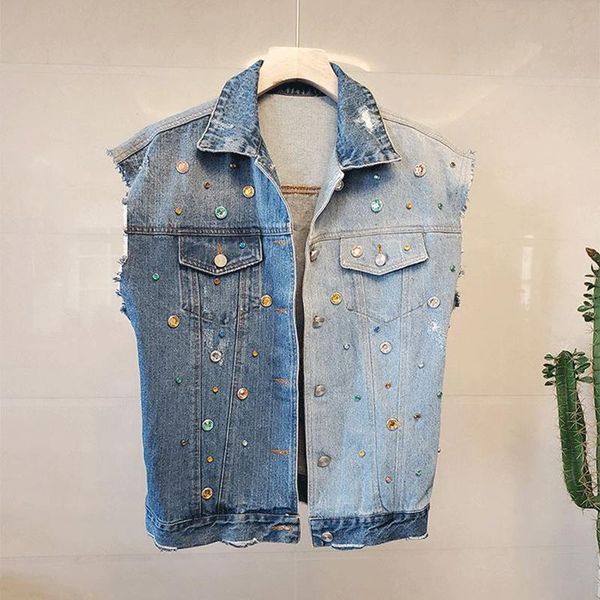 women's vests beading sequined denim jackets women turn down collar sleeveless coats europe spring summer outwear ripped hole streetwea, Black;white
women's vests beading sequined denim jackets women turn down collar sleeveless coats europe spring summer outwear ripped hole streetwea, Black;white