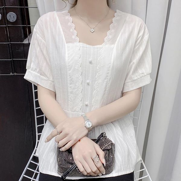 women's blouses & shirts summer women white blouse short sleeve lace v-neck chiffon shirt blusas mujer de moda 2021 f33
women's blouses & shirts summer women white blouse short sleeve lace v-neck chiffon shirt blusas mujer de moda 2021 f33