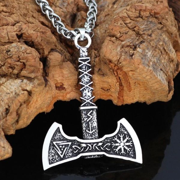 pendant necklaces viking knot double sides axe triangle compass for men, Silver 
pendant necklaces viking knot double sides axe triangle compass for men, Silver