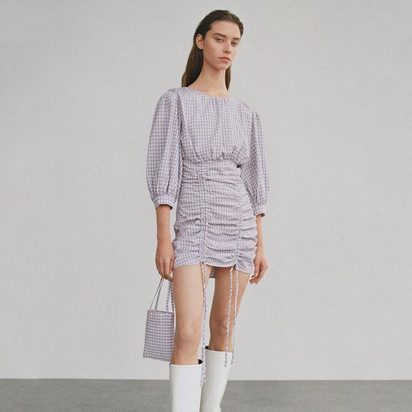 french short - sleeve plaid dress women summer purple sundress 2021 fashion lace up slim y2k clothes a-line cotton office lady, Black;gray
french short - sleeve plaid dress women summer purple sundress 2021 fashion lace up slim y2k clothes a-line cotton office lady, Black;gray