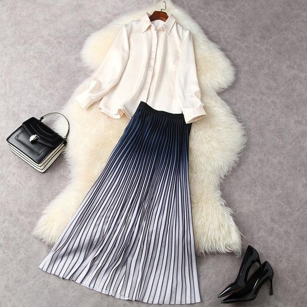 spring summer 2021 long skirt 2 piece sets women outfits turn down collar elegant shirts gradient pleated skirts and set, White 
spring summer 2021 long skirt 2 piece sets women outfits turn down collar elegant shirts gradient pleated skirts and set, White
