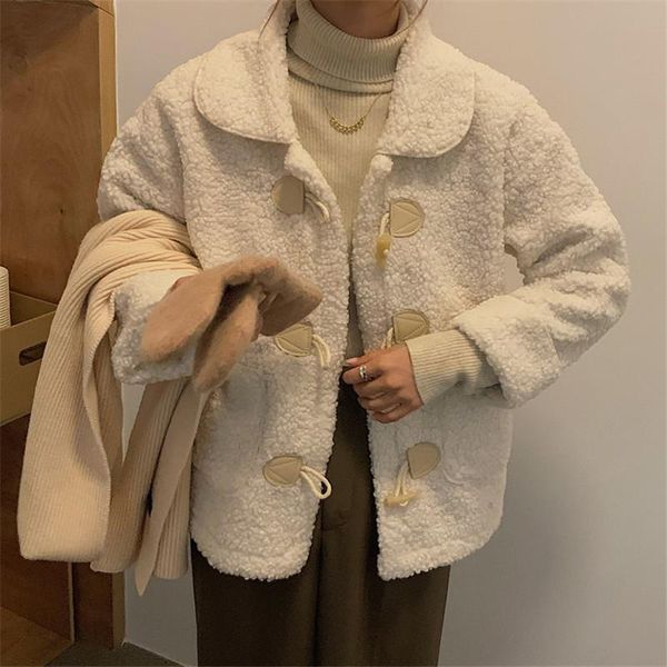 women's fur & faux fashion loose lapel thick warm plush coats white kawaii autumn winter lambwool coat women solid horn button jackets, Black
women's fur & faux fashion loose lapel thick warm plush coats white kawaii autumn winter lambwool coat women solid horn button jackets, Black