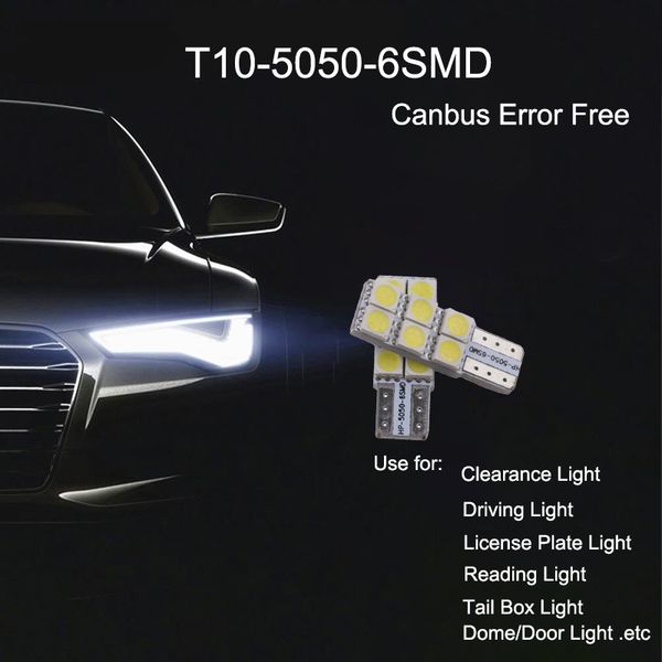 50pcs/lot led car bulbs white t10 w5w 5050 6smd bulb canbus error for 194 168 2825 clearance lamps reading light license plate lights 12v
50pcs/lot led car bulbs white t10 w5w 5050 6smd bulb canbus error for 194 168 2825 clearance lamps reading light license plate lights 12v