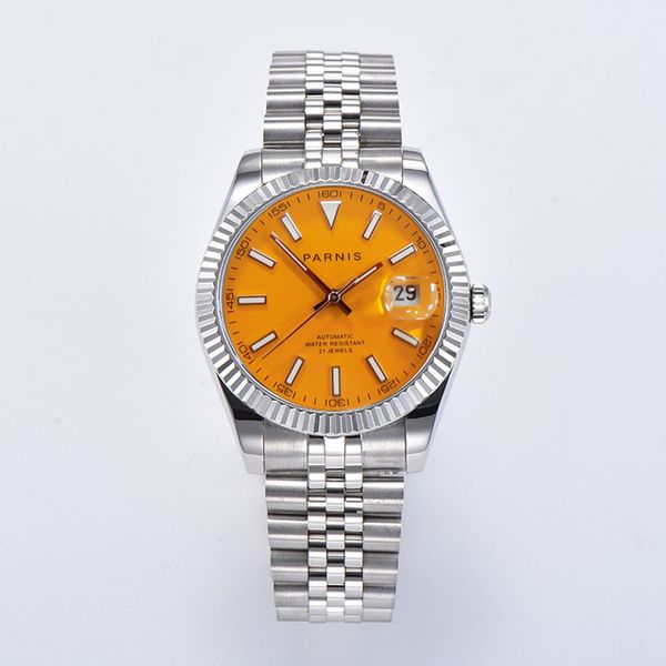 39.5mm yellow dial automatic mechanical men's watches auto date movement men calendar watch stainless steel strap, Slivery;brown
39.5mm yellow dial automatic mechanical men's watches auto date movement men calendar watch stainless steel strap, Slivery;brown