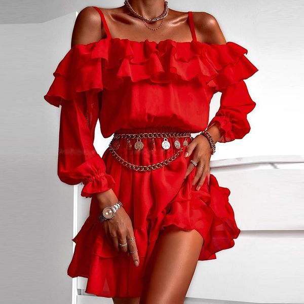 casual dresses women off shoulder ruffles red dress 2021 autumn sling long sleeve elegant party mini female chiffon holiday vestidos, Black;gray
casual dresses women off shoulder ruffles red dress 2021 autumn sling long sleeve elegant party mini female chiffon holiday vestidos, Black;gray