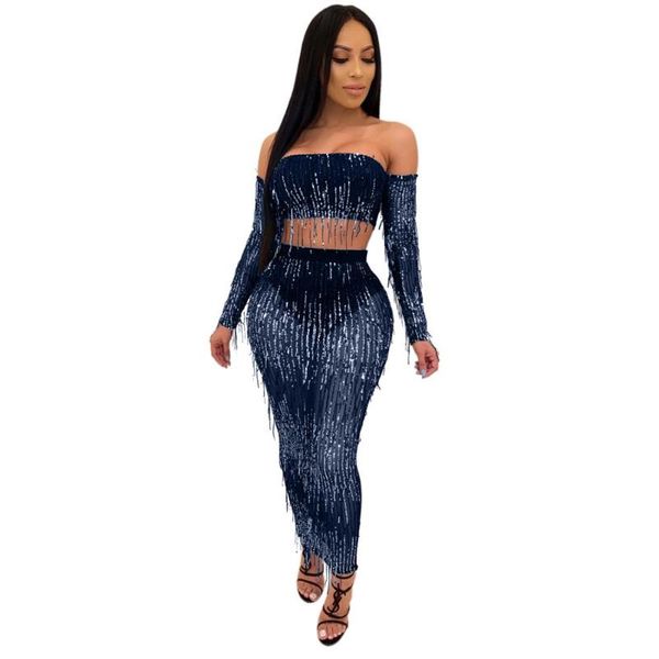 two piece dress strapless crop and maxi skirt set shinny sequin long sleeve women lady club 2 pieces suit, White
two piece dress strapless crop and maxi skirt set shinny sequin long sleeve women lady club 2 pieces suit, White