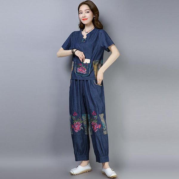 women's two piece pants summer denim suits national style chinese embroidery + loose bloomers two-piece sets, White
women's two piece pants summer denim suits national style chinese embroidery + loose bloomers two-piece sets, White