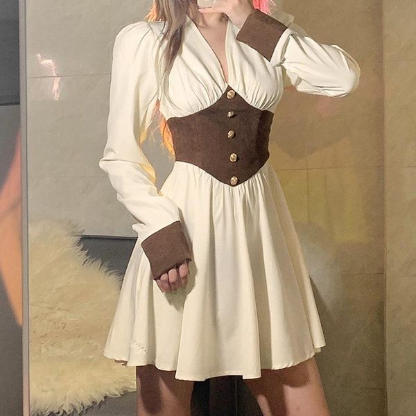 casual dresses women fall v neck high waist long sleeve dot a line swing stitching color mini dress, Black;gray
casual dresses women fall v neck high waist long sleeve dot a line swing stitching color mini dress, Black;gray