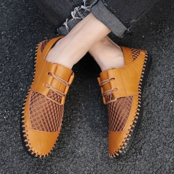 

Summer Men Casual Shoes Breathable Mens Sneakers Hand Made Loafers Leather Men Moccasins Luxury Driving Shoes Zapatos Hombre, Light brown