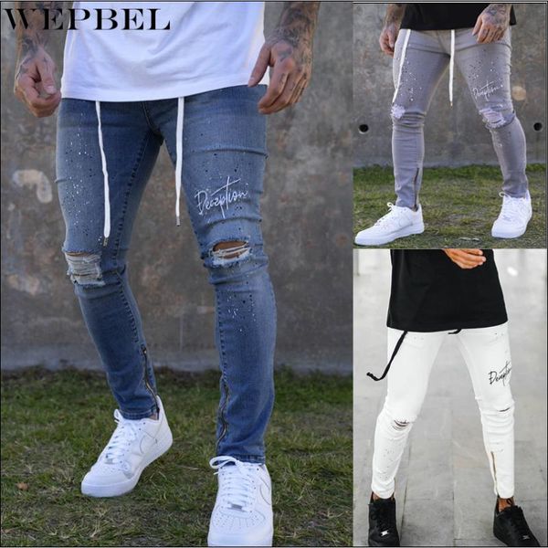 wepbel men skinny hole denim pants drawstring waist paint point ripped jeans male slim fit distressed long denim trousers, Blue
wepbel men skinny hole denim pants drawstring waist paint point ripped jeans male slim fit distressed long denim trousers, Blue