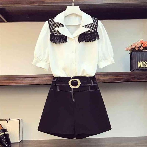 plus size 2 piece set women summer tassel plaid shawl puff sleeve shirt + high waist metal buckle zipper shorts suits 210602, White
plus size 2 piece set women summer tassel plaid shawl puff sleeve shirt + high waist metal buckle zipper shorts suits 210602, White