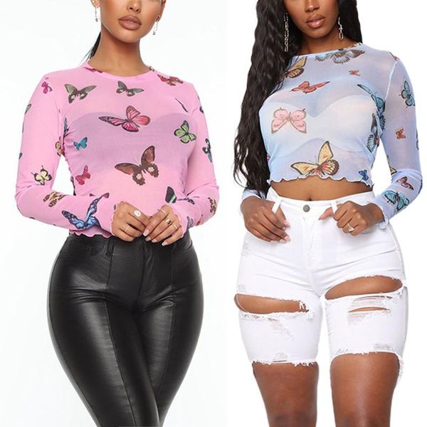 women's t-shirt women clothes perspective colorful butterfly printing selvedge long sleeve casual mesh woman t-shirts base shirt, White