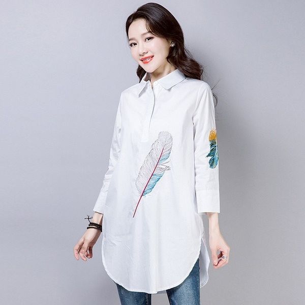 2021 new spring cotton feather embroidery white long blouse women 3/4 sleeve art loose ladies office work button down shirts c96c