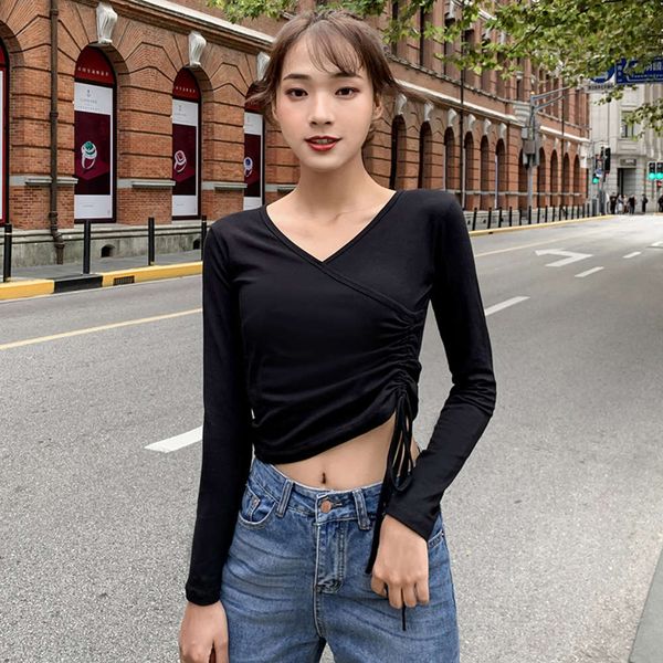 black v-neck short bottomed blouse long sleeve 2020 foreign style drawstring early autumn and winter with t-shirt close fitting navel top, White
black v-neck short bottomed blouse long sleeve 2020 foreign style drawstring early autumn and winter with t-shirt close fitting navel top, White