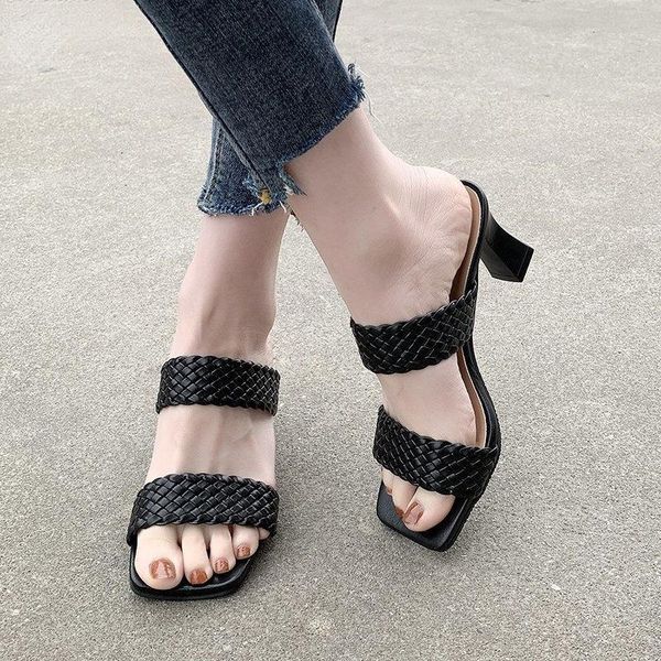 slippers 2021 fashion large size women's shoes summer square-head woven sandals and high-heeled, Black
slippers 2021 fashion large size women's shoes summer square-head woven sandals and high-heeled, Black