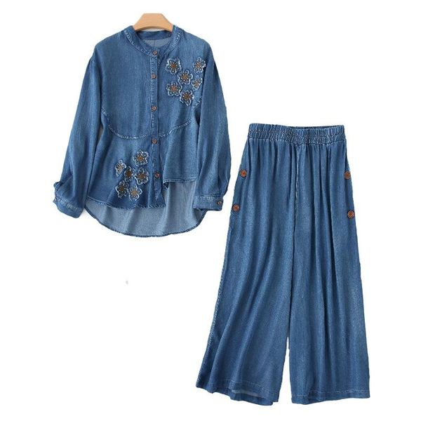 women's two piece pants women denim sets long sleeve o neck elastic waist female embroidery jeans suit set, White
women's two piece pants women denim sets long sleeve o neck elastic waist female embroidery jeans suit set, White