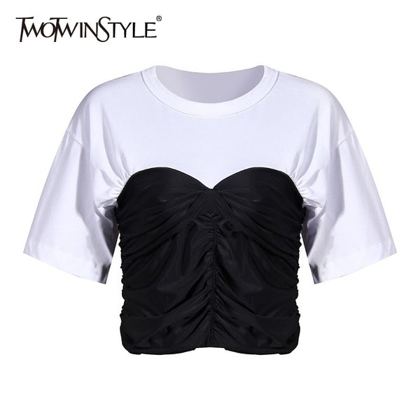 twotwinstyle casual patchwork ruched t shirt for women o neck short sleeve hit color t-shirt female fashion clothing new 210315, White
twotwinstyle casual patchwork ruched t shirt for women o neck short sleeve hit color t-shirt female fashion clothing new 210315, White