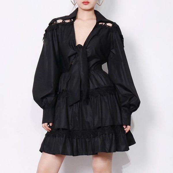 casual dresses chic solid color v neck lace lantern sleeve women's dress 2021 summer hollow stitching a line cake mini party vestido, Black;gray
casual dresses chic solid color v neck lace lantern sleeve women's dress 2021 summer hollow stitching a line cake mini party vestido, Black;gray
