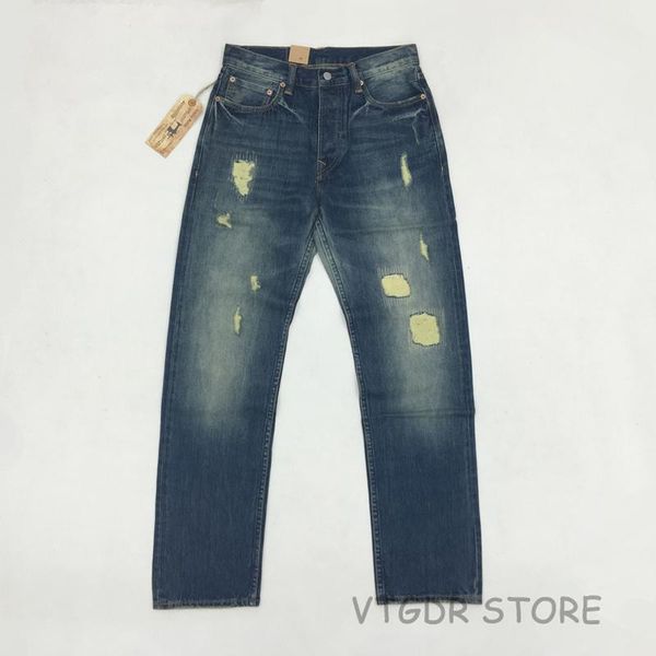 men's jeans 14oz men's straight leg jean vintage ripped patched selvage denim pants, Blue
men's jeans 14oz men's straight leg jean vintage ripped patched selvage denim pants, Blue