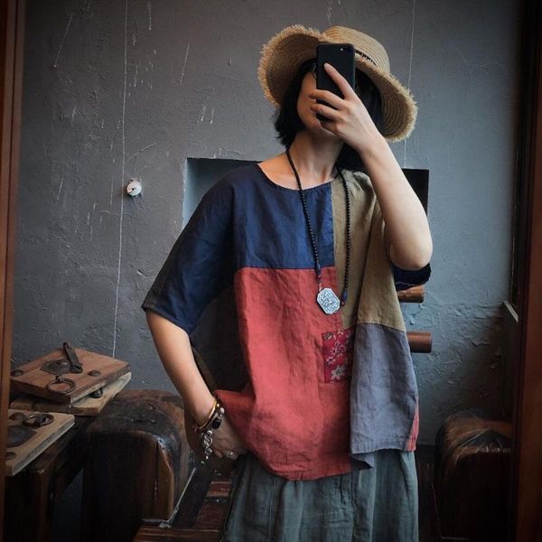 women loose patchwork linen blouse ladies spliced shirt female 2021 flax patchwork plus size blouses summer 2021, White 
women loose patchwork linen blouse ladies spliced shirt female 2021 flax patchwork plus size blouses summer 2021, White