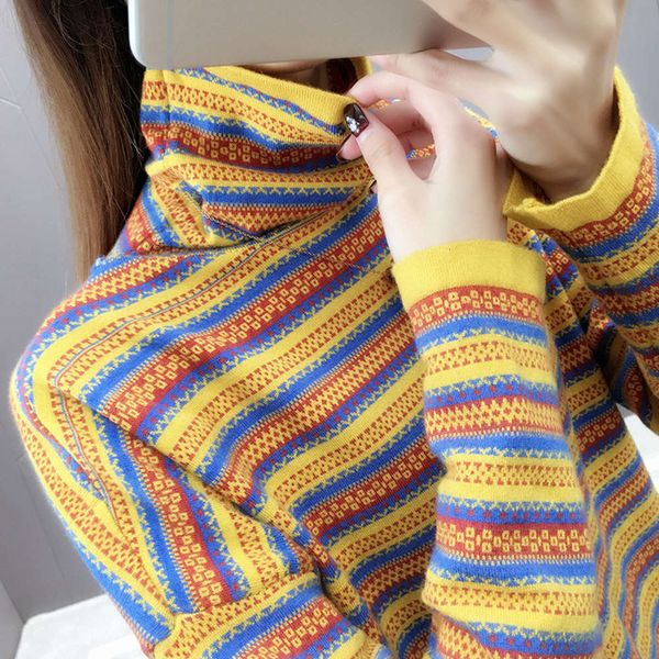 national style turtleneck sweater women's pullover new loose striped bottom coat autumn winter net red with knitting tide inside, White;black