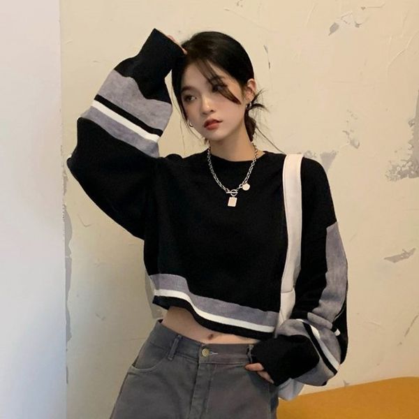 werueruyu sweaters for women retro chic splicing young girls winter oversize knitted short female sweater 210608, White;black
werueruyu sweaters for women retro chic splicing young girls winter oversize knitted short female sweater 210608, White;black