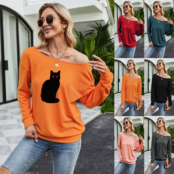 2021 autumn wansheng fashion slant shoulder cat print casual sweater for women, Black
2021 autumn wansheng fashion slant shoulder cat print casual sweater for women, Black