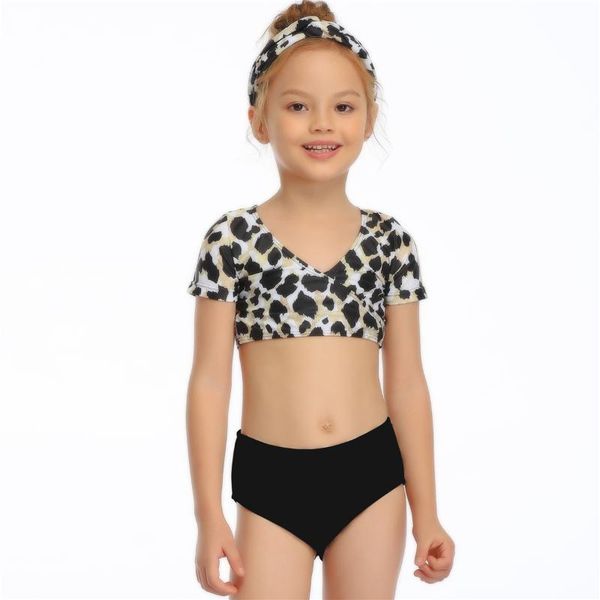 leopard girls swimsuit for 2-14years short sleeve v neck cropped swimming with bottom sporty teenage swimwear tankini set