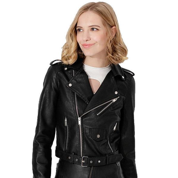 women's leather & faux textured short moto jacket zip-up slim pu biker coat with pockets, Black
women's leather & faux textured short moto jacket zip-up slim pu biker coat with pockets, Black