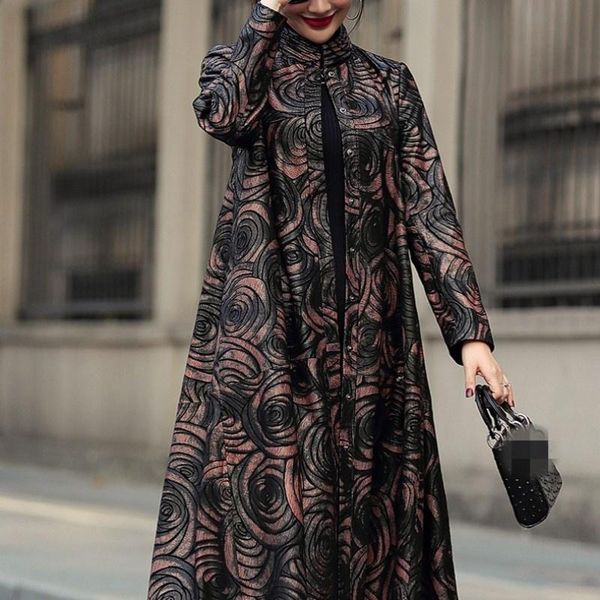 women's leather & faux elegant women printing sheepskin trench coat streetwear chinese style loose natural overcoat office lady long ja, Black
women's leather & faux elegant women printing sheepskin trench coat streetwear chinese style loose natural overcoat office lady long ja, Black