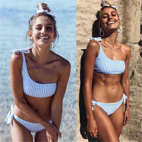 women's swimwear 2021 women striped bikinis set summer one shoulder bandage pushed up paded swimsuits real po, White;black
women's swimwear 2021 women striped bikinis set summer one shoulder bandage pushed up paded swimsuits real po, White;black