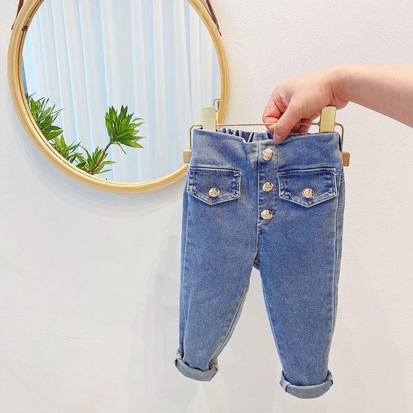 jeans spring autumn children's solid denim buttons stretch elastic pants girls fashion slim trousers, Blue
jeans spring autumn children's solid denim buttons stretch elastic pants girls fashion slim trousers, Blue