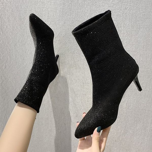 2021 autumn women dress shoes high heels pointed toe knit ankle boots stretch fabric pumps thin heel botas mujer plus size 8700n, Black
2021 autumn women dress shoes high heels pointed toe knit ankle boots stretch fabric pumps thin heel botas mujer plus size 8700n, Black