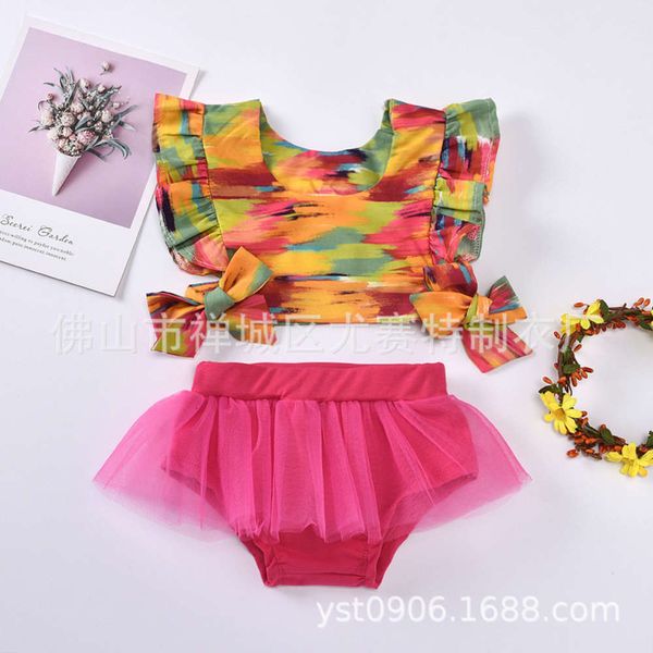 baby 2021 new girl's seven color printed bow fashion one t + two piece mesh shorts, White 
baby 2021 new girl's seven color printed bow fashion one t + two piece mesh shorts, White