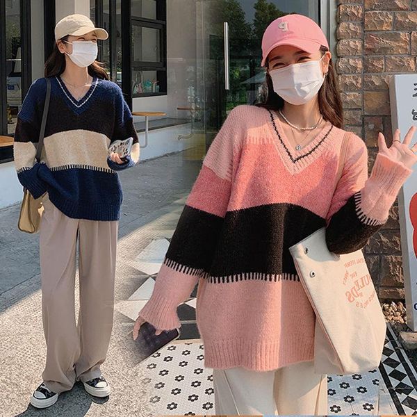 women's sweaters harajuku autumn winter v-neck knitted sweater korean loose stripe oversized 2021 preppy style pullover women, White;black
women's sweaters harajuku autumn winter v-neck knitted sweater korean loose stripe oversized 2021 preppy style pullover women, White;black