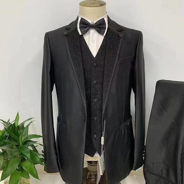 men's suits & blazers handsome designs black satin prom men slim fit tuxedos party dress groom for wedding (jacket+vest+pants), White;black
men's suits & blazers handsome designs black satin prom men slim fit tuxedos party dress groom for wedding (jacket+vest+pants), White;black