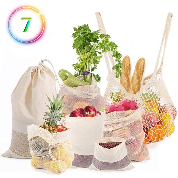 reusable produce bags 100% organic cotton mesh-bags for shopping grocery vegetable storage bulk with drawstring bag