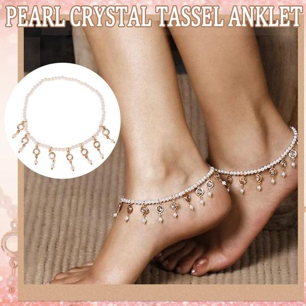 anklets foot chain women 2021 female imitation pearl beaded crystal tassels elastic pendulous bohemian jewelry, Red;blue