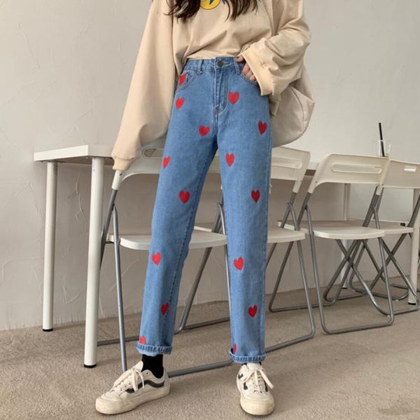 new spring autumn korean straight jeans women high waist love heart stitching fashion loose denim pants truosers s813, Blue
new spring autumn korean straight jeans women high waist love heart stitching fashion loose denim pants truosers s813, Blue