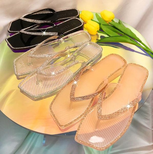 2021 summer trendy colorful diamond sandals square toe flat crystal jelly flip-flops female outer wear, Black
2021 summer trendy colorful diamond sandals square toe flat crystal jelly flip-flops female outer wear, Black