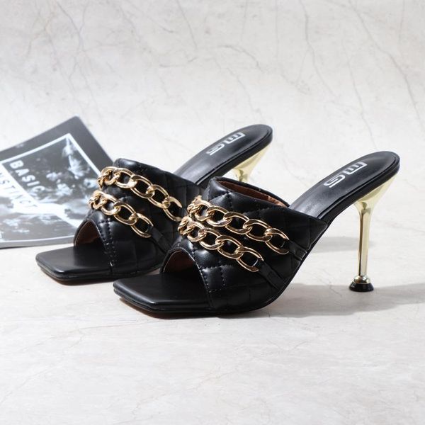 slippers summer padded leather mules high heels 9.5cm chain square toe brand sandals peep female slides party dress shoes, Black
slippers summer padded leather mules high heels 9.5cm chain square toe brand sandals peep female slides party dress shoes, Black