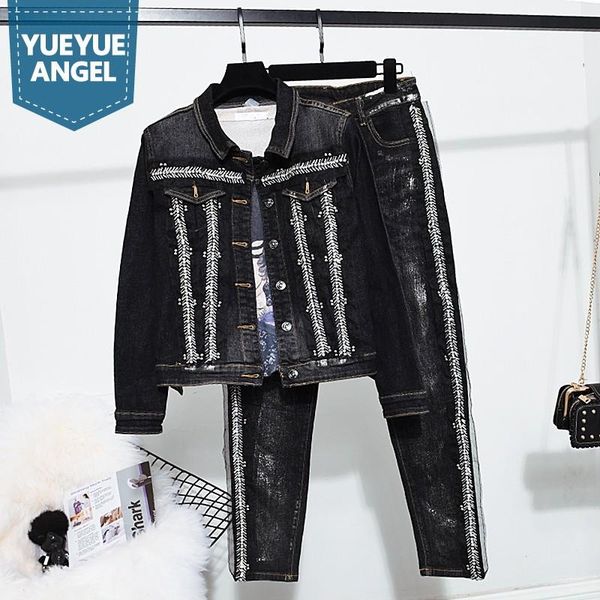 women's two piece pants women shiny embroidered flares set slim fit denim jacket jeans pencil matching sets high street biker outfits, White
women's two piece pants women shiny embroidered flares set slim fit denim jacket jeans pencil matching sets high street biker outfits, White