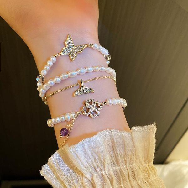 link, chain european and american fashion jewelry with freshwater pearl inlaid zircon butterfly fishtail temperament bracelet for women, Black
link, chain european and american fashion jewelry with freshwater pearl inlaid zircon butterfly fishtail temperament bracelet for women, Black