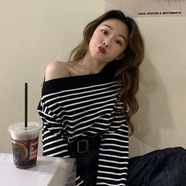 women's sweaters autumn loose all-match off-shoulder striped sweater retro long-sleeved upper garment womens, White;black
women's sweaters autumn loose all-match off-shoulder striped sweater retro long-sleeved upper garment womens, White;black