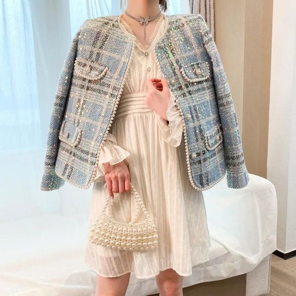 women's jackets chic tweed jacket korean fashion sequins beading short plaid coat o-neck pearl buttons women spring autumn trend outerw, Black;brown
women's jackets chic tweed jacket korean fashion sequins beading short plaid coat o-neck pearl buttons women spring autumn trend outerw, Black;brown