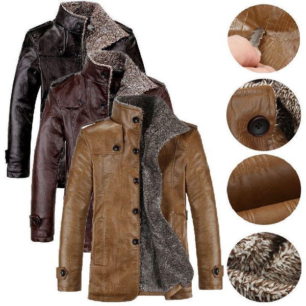men's jackets winter men leather jacket stand collar button up fleece thicken lined warm coat pu outwear, Black;brown
men's jackets winter men leather jacket stand collar button up fleece thicken lined warm coat pu outwear, Black;brown